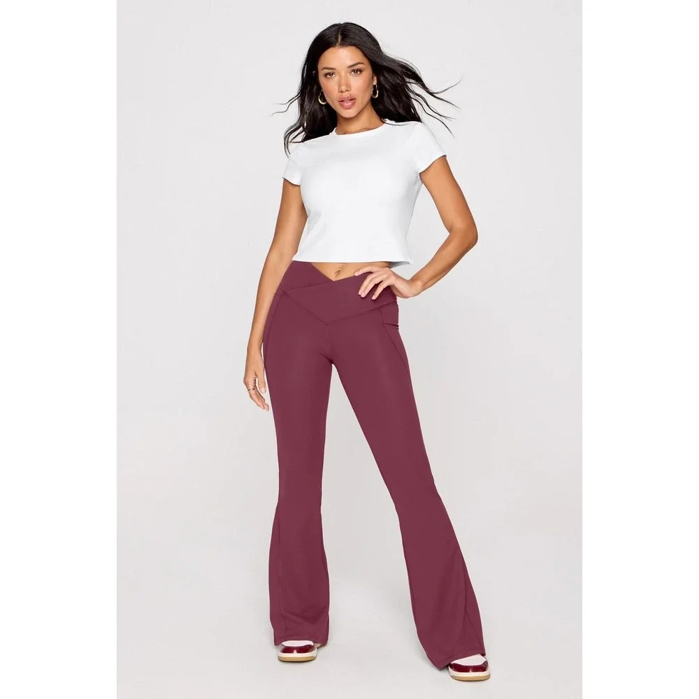 Fabletics Flare PureLuxe Pants Everyday Crossover Medium Burgundy Yoga Pockets
